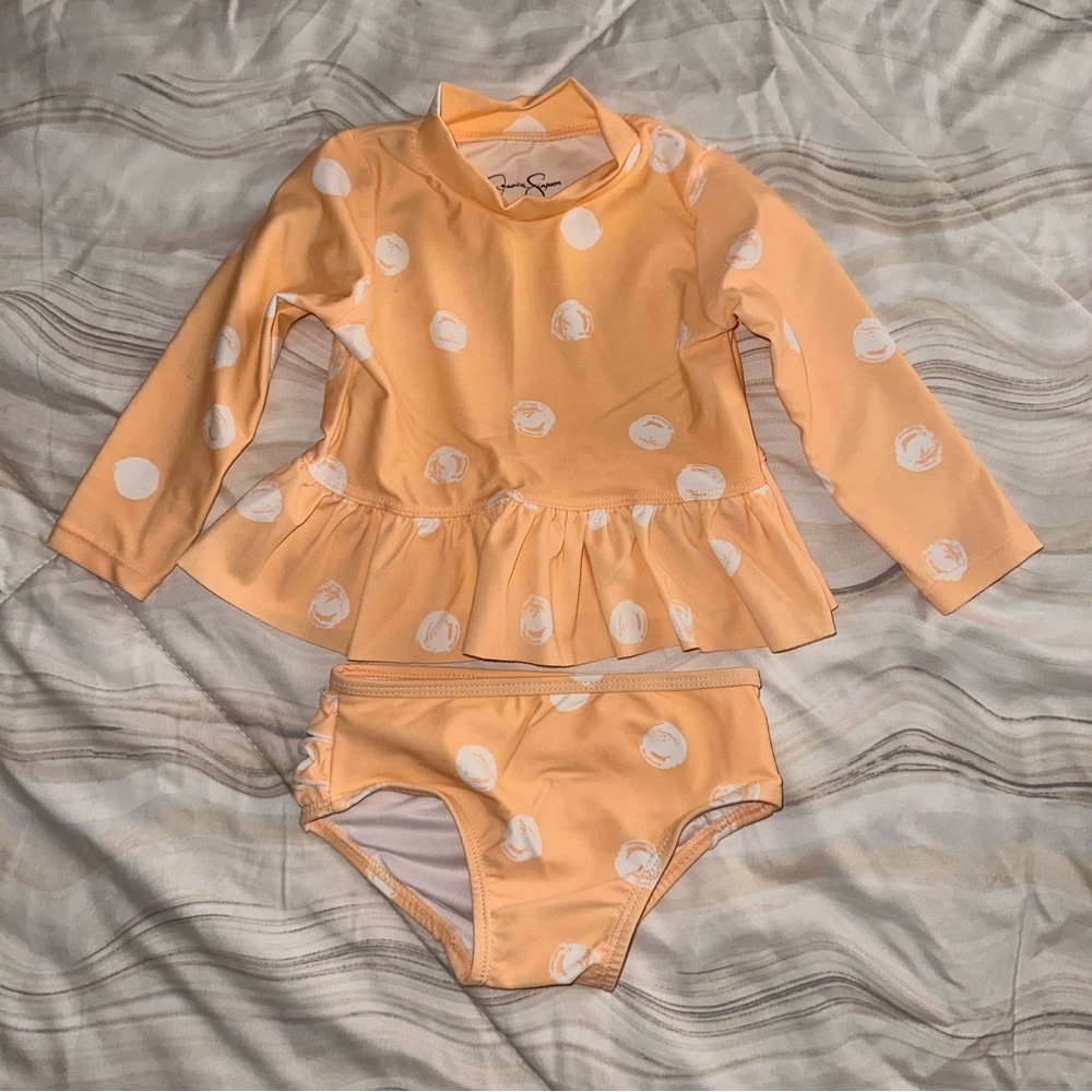 Jessica Simpson Orange and White Rashguard with Peplum Swimsuit‎